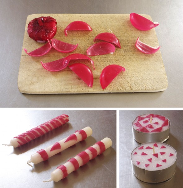 Candles decorated with cheese wax
